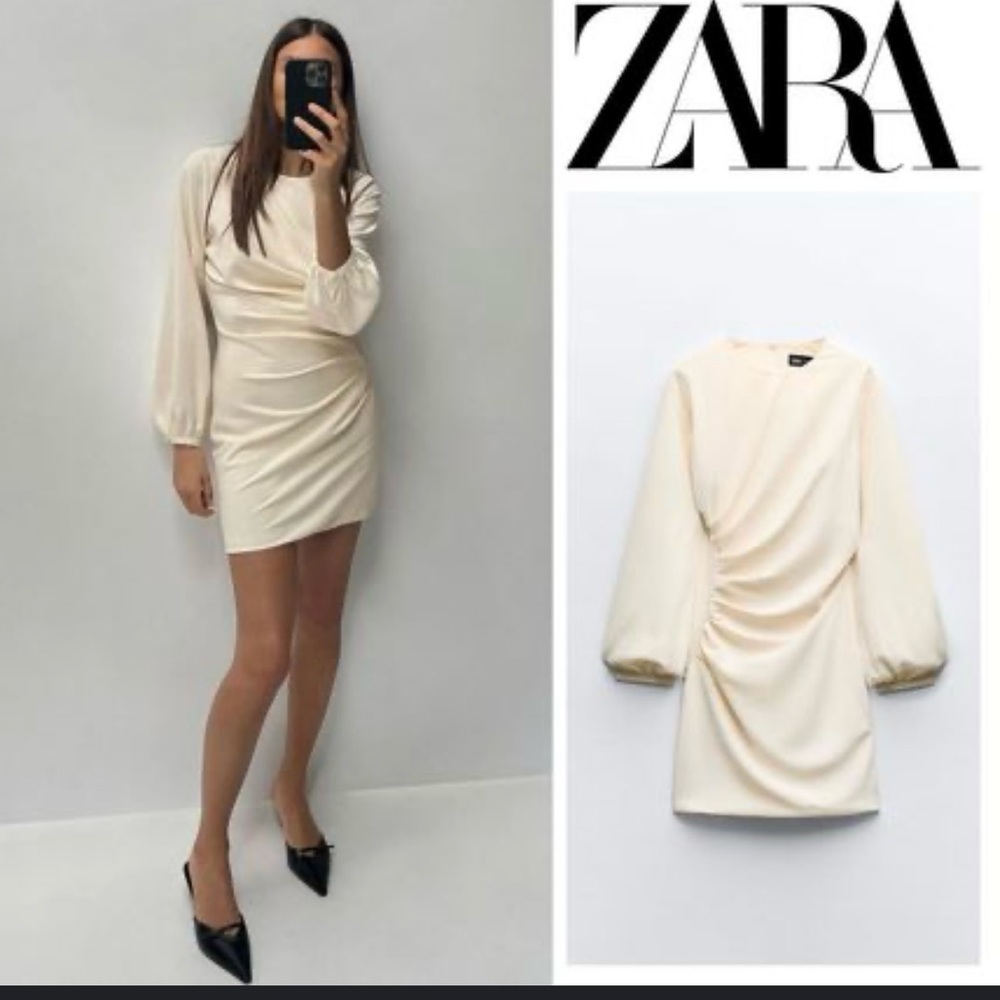 Zara Elegant Cream Long Sleeve Dress